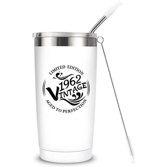 60th Birthday Gifts for Women and Men, Funny 60th Birthday Decorations for Women, Men, Him, Her, Turning 60 Years Old Gift, 20 oz Insulated Stainless Steel Vintage 1962 Tumbler Cup