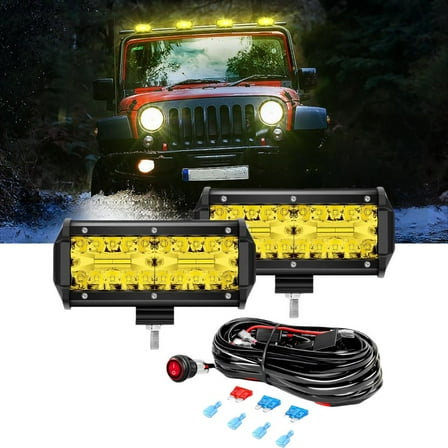 Waywe 2PCS 6.5 Inch Amber LED Pods 120W Triple Row Flood Light Bar Fog Light Driving Lighting with 16AWG Off Road Wiring Harness-2 Leads for Truck Golf Cart SUV ATV UTV Boat, Clear,Yellow