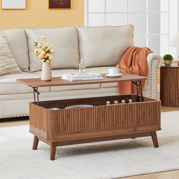 LEFHDA 39" Lift Top Coffee Table with Hidden Storage, Mid Century Modern Fluted Rectangular Wood Center Table with Wave Profile, Rising Top Pop-Up Table for Living Room, Home Office (Walnut)