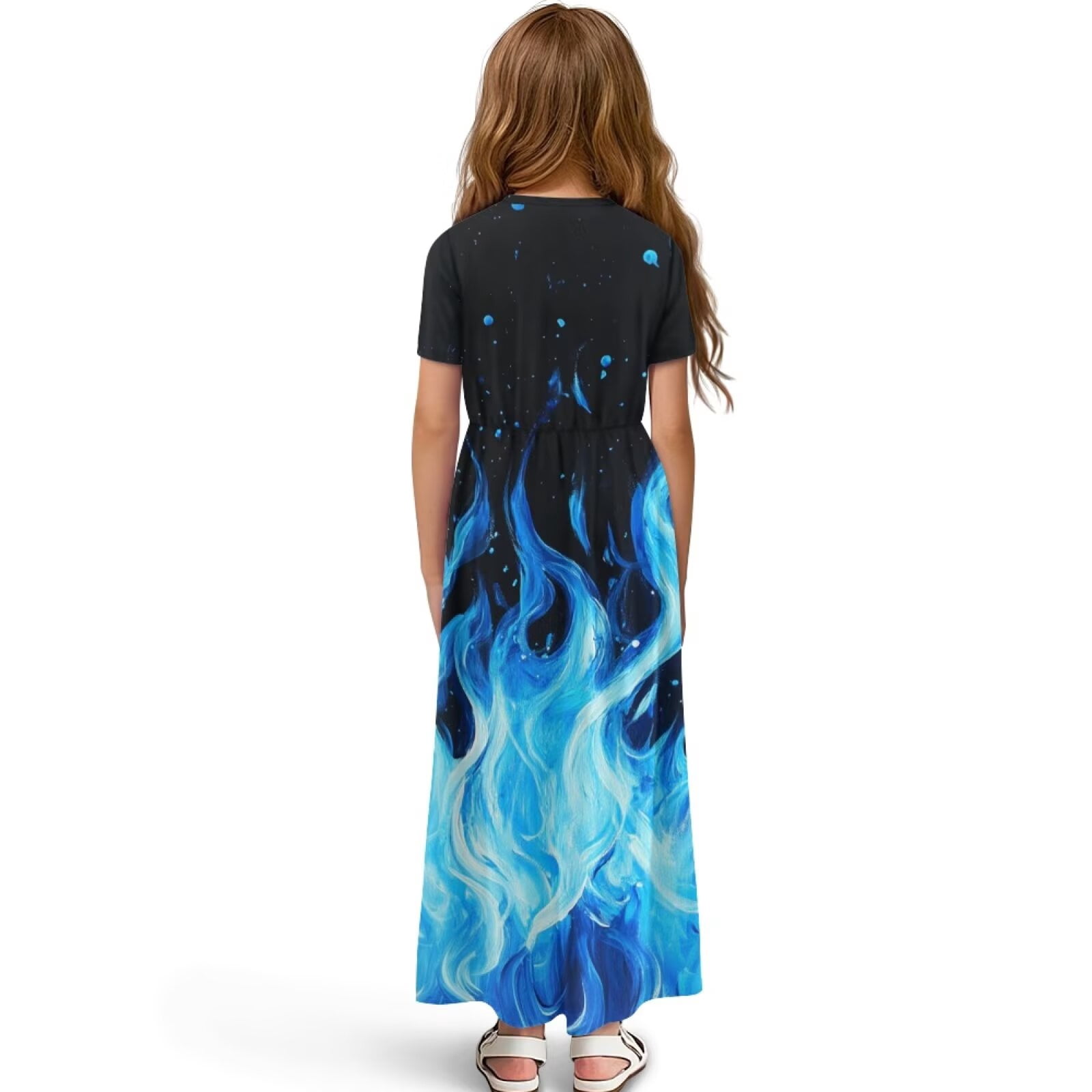 Uourmeti Girl's Maxi Dress Blue Fire Print Short Sleeve Long Dresses Crew Neck Elegant Casual Sundress with Pockets, Size 5-6 Years