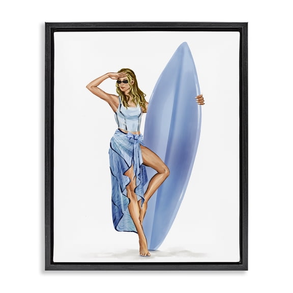 Stupell Industries Coastal Trendy Surfer Girl in Blue Black Floating Frame Canvas Art, 17 x 21, by Ziwei Li