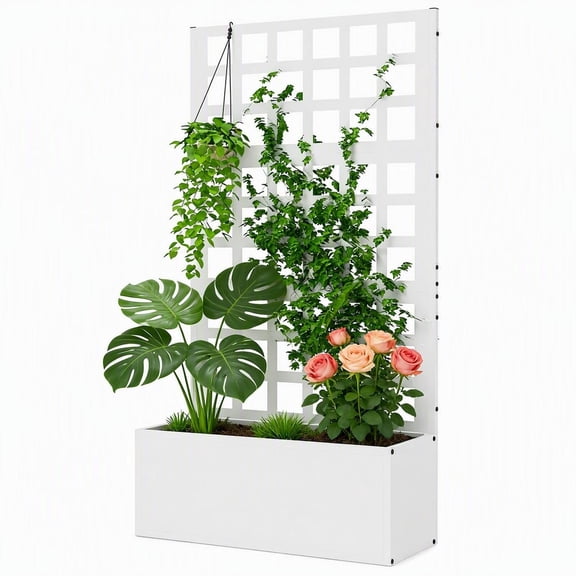 Galvanized Steel Raised Garden Bed Planter Box with Trellis, 24 Inch White Outdoor Vegetable Flower Stand for Climbing Plants, Balcony Patio and Yard Decor