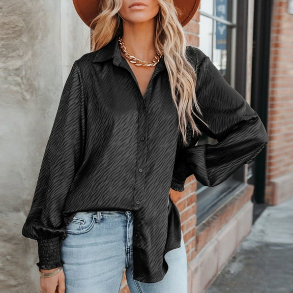 BEFOKA Womens Button Up Ruffled Shirts Puff Long Sleeve Dress Shirts Casual V Neck Collared Tops Work Office Blouse