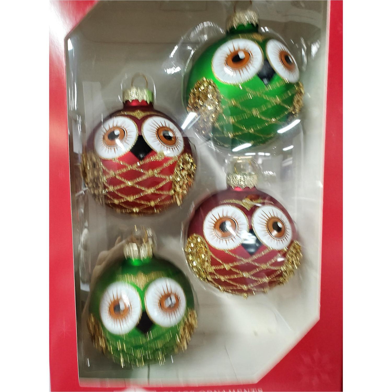 HOLIDAY TIME 65MM X 4CT RED/GREEN GLASS OWL ORNAMENT