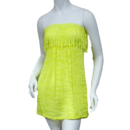 Bongo Junior Womens Yellow Swim Suit Cover Up Neon Zebra Strapless Sun Dress