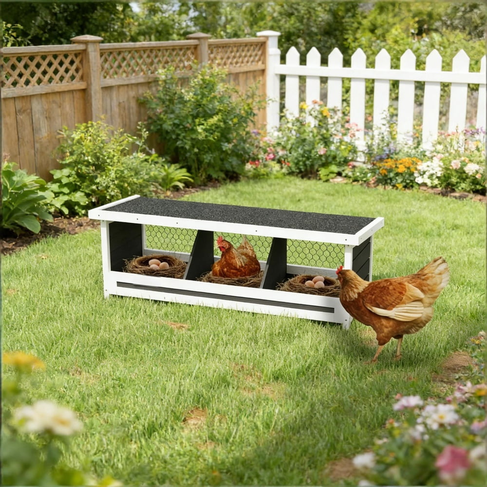 3 Compartment Fir Wood Chicken Nesting Box, Weatherproof Asphalt Roof Poultry Egg Laying House, Open Back Easy Egg Collection Raised Bottom Chicken Nest For Hens