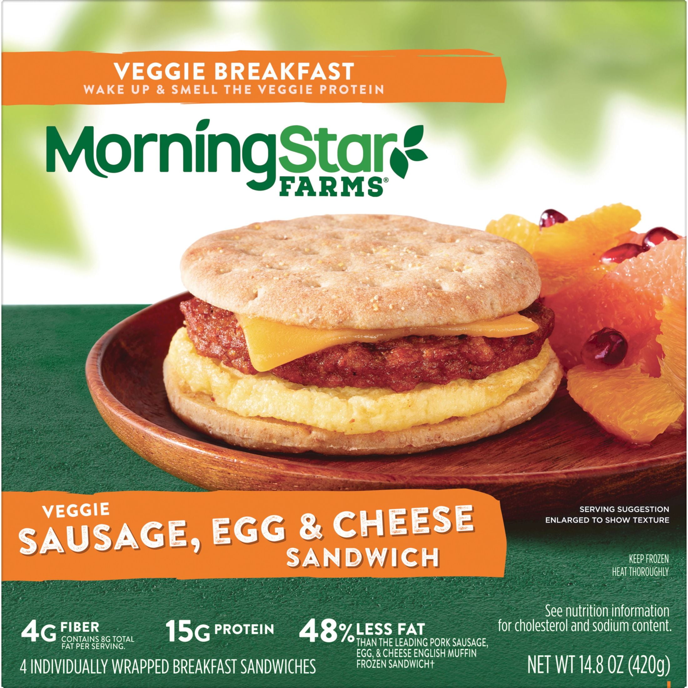 MorningStar Farms Veggie Breakfast Meatless Sausage, Egg and Cheese Frozen Breakfast Sandwiches, 14.8 oz (Frozen)