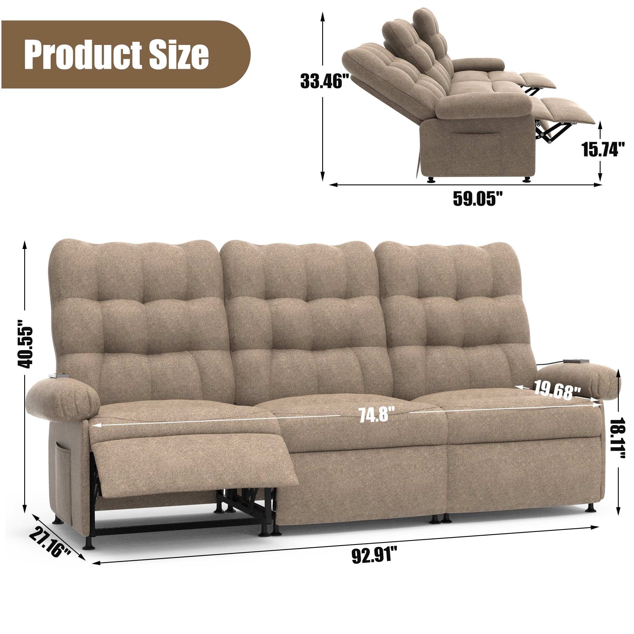 Recliner Sofa Couch Set, 3 Seat Electric Recliner with Remote Control and Side Pocket for Families and Friends, Modern Power Recliner Sofa for Living Room Home Theater, Deep Coffee