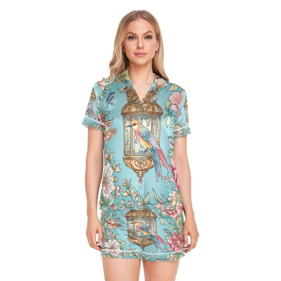 Women Silk Pajama Sets Causal Outings Fashion Floral Lantern with Birds Pattern Home
