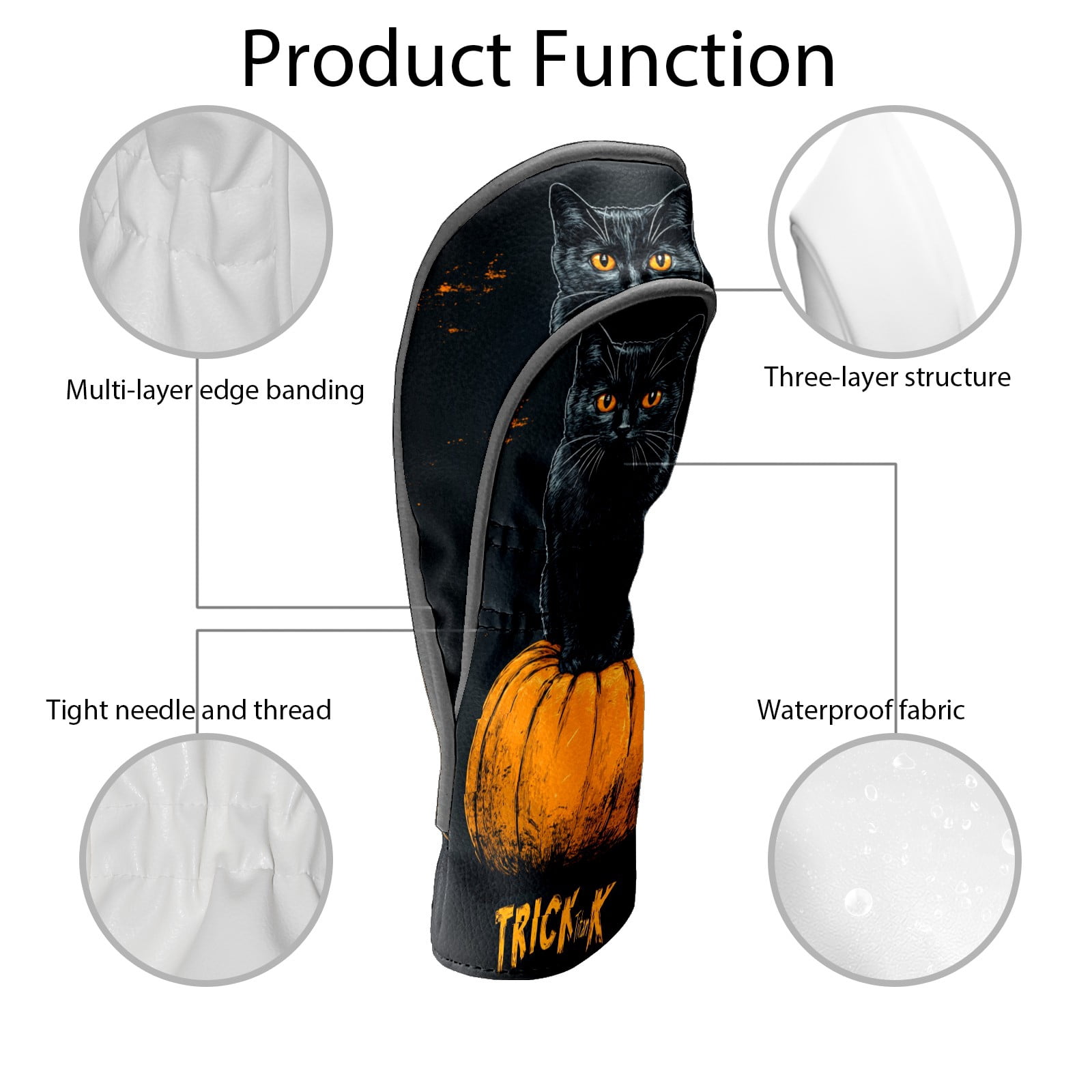 Golf Club Covers PU Leather Waterproof Head Covers for Fairway Woods Hybrids Pumpkin Black Cat