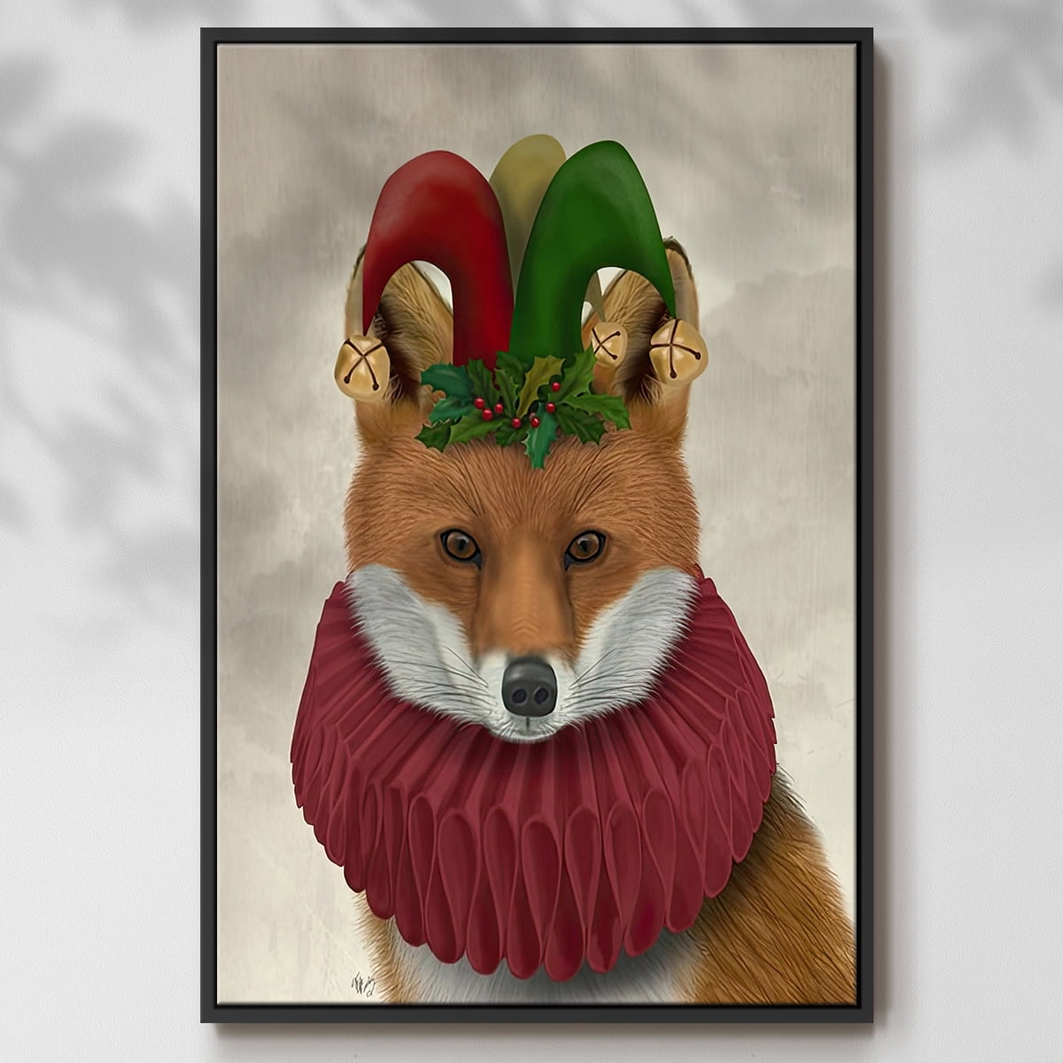 Christmas Foxy Christmas Fool - Framed Gallery Wrapped Holiday Canvas - 25 x 37 - Black Frame