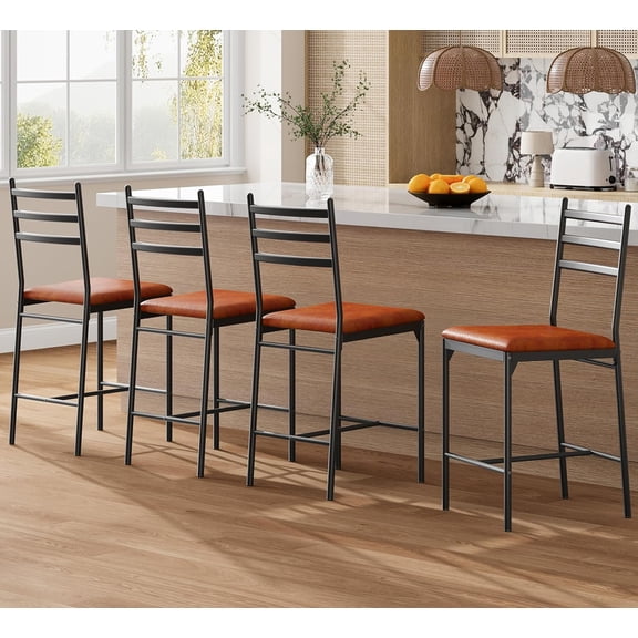 4 pack Bar Stools Set Counter Height Barstools with Footrest and Back, Modern Upholstered Bar Chairs,Brown