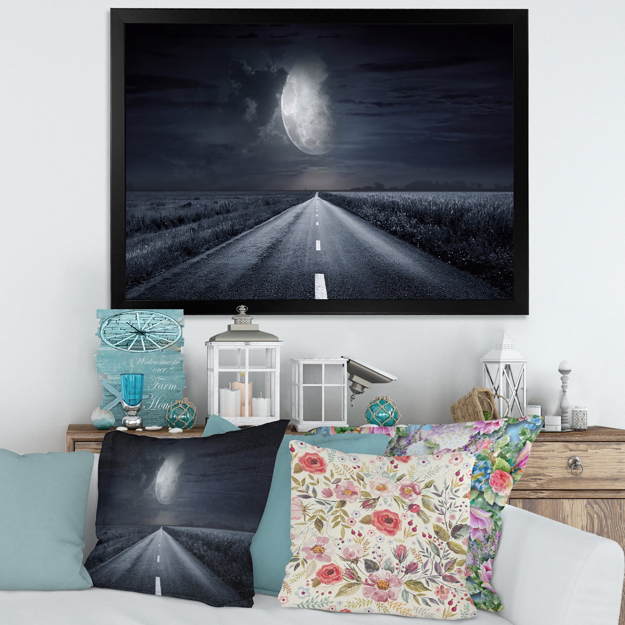 Designart 'Cloudy Full Moon Over Asphalt Road III' Nautical & Coastal Framed Art Print