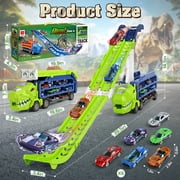 Huge Wave Toddler Truck Race Track Toys for Boys, Foldable 2.8-Ft Race Track, Dinosaur Truck Transport Toy, with 6 Die-Cast Race Car, Birthday Gifts for Kids