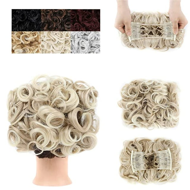 Peignes Chignons Pièce de Cheveux Plat Bouclé Chouchous Synthétiques Extensions de Cheveux Pince en Queue de Cheval Postiches pour Femmes (Cendré Clair Brun Pointe Blond Délavé-#67)