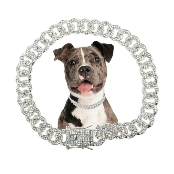 Collar para Perros Unique Bargains Cadena Duradera con Strass Collar de Eslabón Cubano Accesorios de Joyería para Mascotas 18" Tono Plateado