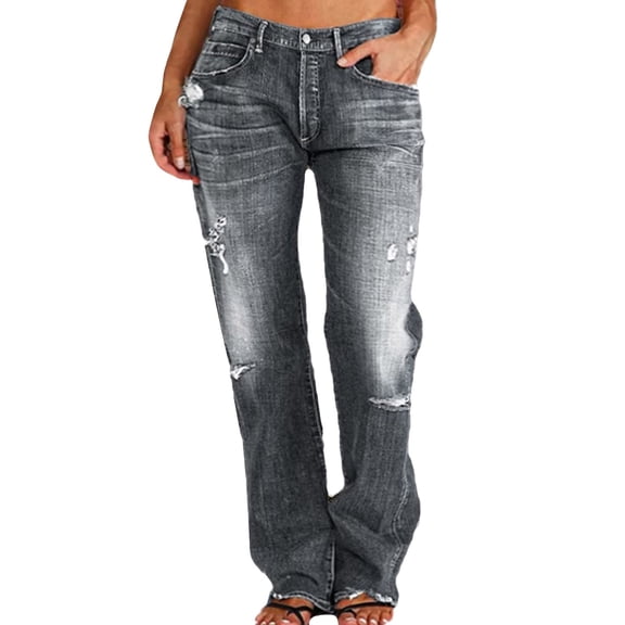 Fiaer,Jeans for Women,Women's Oversized Straight Leg Stretchy Denim Pants Ripped Causal Loose Boyfriend Distressed Denim Joggers for Women Grey XS