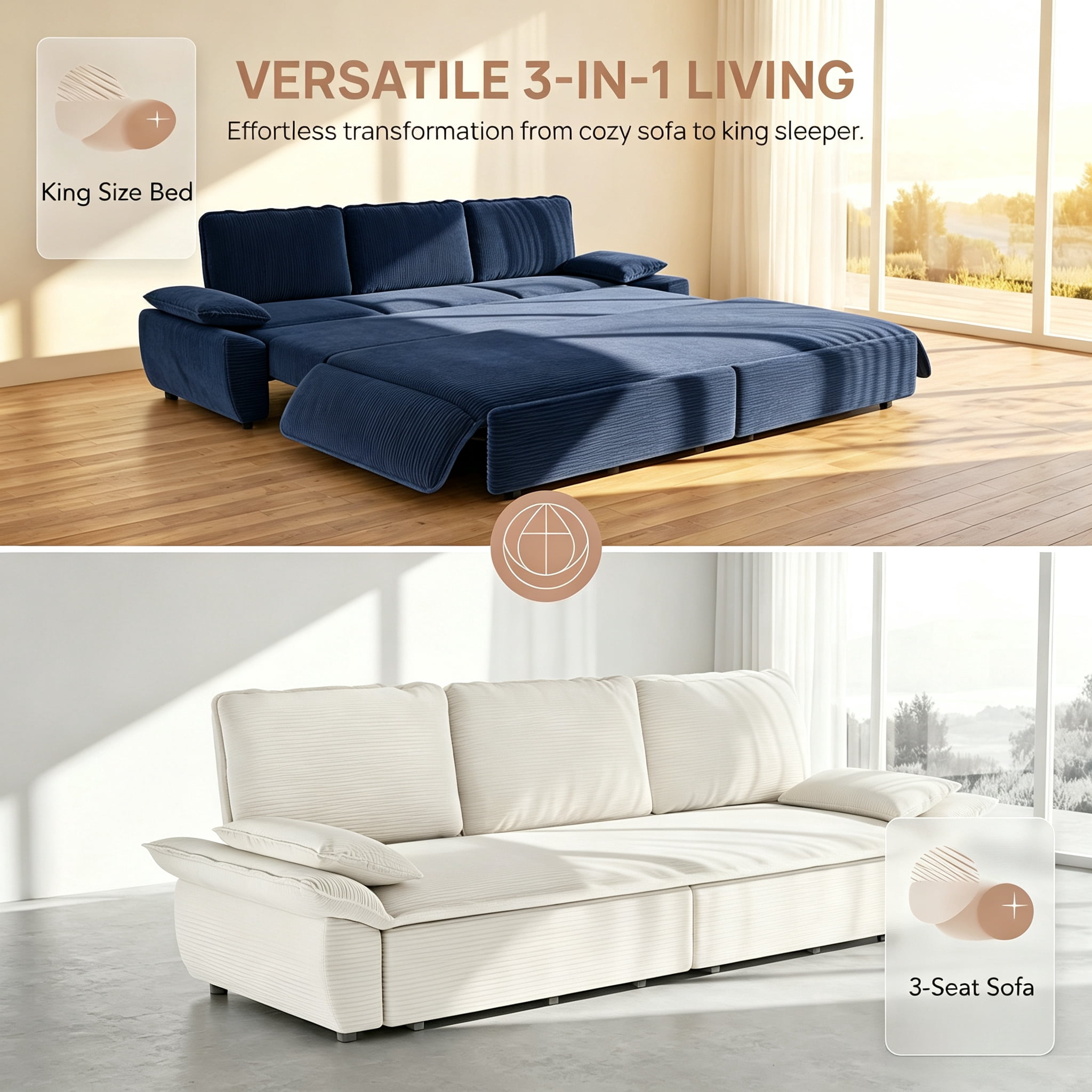 3-in-1 King Size Sleeper Sofa Bed, 94.5" Corduroy Convertible Pull Out Couch with Steel Frame, Modern Folding Lounge Sofa for Living Room, Blue