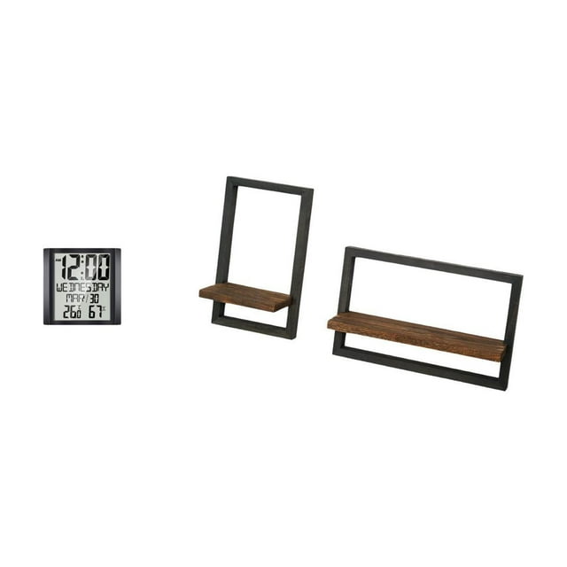 Reloj de pared digital moderno y estantes de madera. Juego de almacenamiento versátil y práctico para oficina, dormitorio, sala de estar, cocina y com