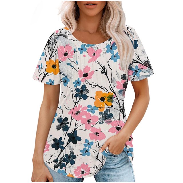 Hauts d'Été à Manches Courtes Mode Femme 2024 Blouses Plissées Décontractées Col Rond Couleur Unie t-Shirts (Grand, Multicolore 01)