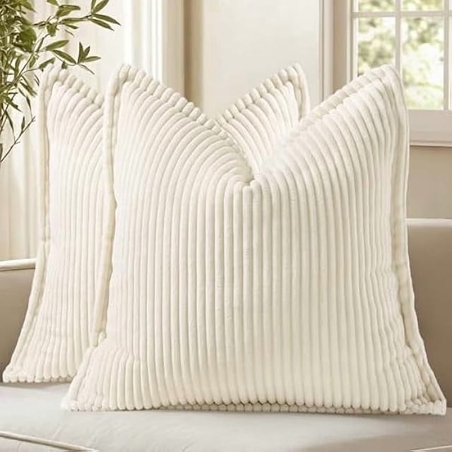 Chenchen Spring Corduroy Cream White Euro Sham Throw Pillow Covers 24x24 Set of 2 Decorative Soft Boho Farmhouse Couch Pillow Covers for Living Room Bed Sofa Broadside Striped Pillow Cases