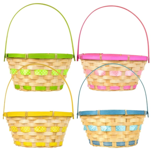 A1 UNLIMITED Bamboo Easter Baskets with Colorful Accents and Hinged Handles, Assorted Pastel Festive Colors Perfect for Picnic Egg Hunting Party Decorations Storage Gifts Stuff Reusable Indoor Outdoor