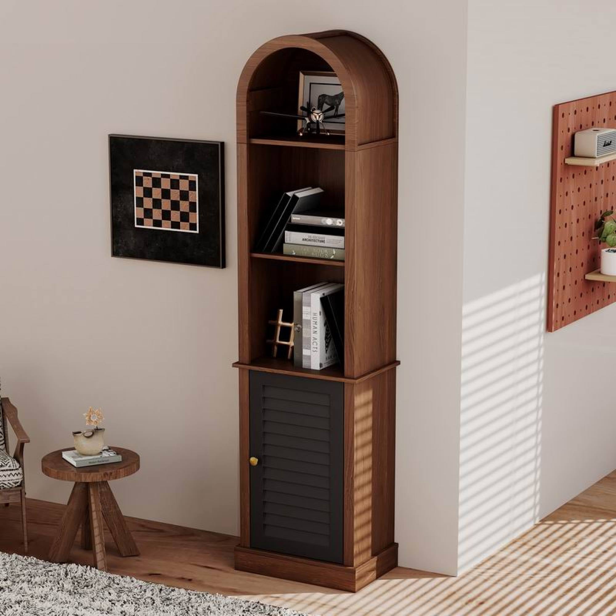 Leumius Tall Arched Corner Bookshelf with Shutter Door, Freestanding Narrow Wooden Corner Display Storage Rack, Multipurpose Corner Cabinet for Living Room, Bedroom