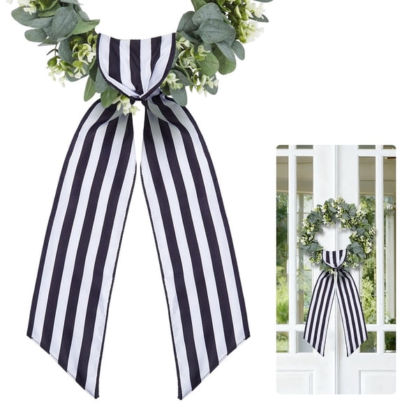 2Pcs Stripe Door Sash Door Ribbon Wreath Black and White Pattern 56 x 4.7 Inch Polyester Ribbons