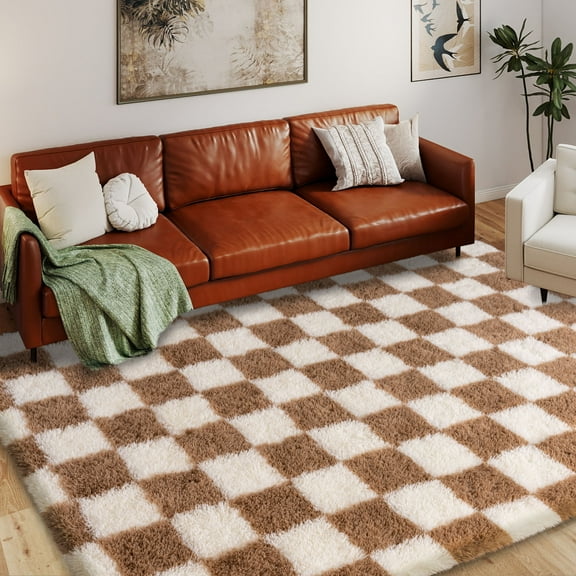 ASPILLOW Checkered Fluffy Rug 5x7 for Living Room,Modern Non-Slip Shag Rug,Fuzzy Carpet for Bedroom Kids Toddler Room Playroom, Cute Dorm Home Decor,Cream White and Camel