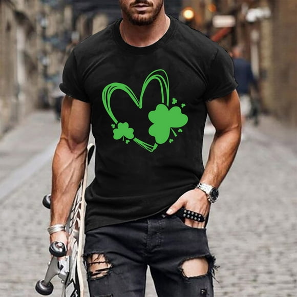 jsaierl Mens St Patricks Days Shirts Lucky Four Leaf Clover Print Tees Cotton Trendy Short Sleeve Pullover Tops Crewneck Muscle Athletic T-Shirts