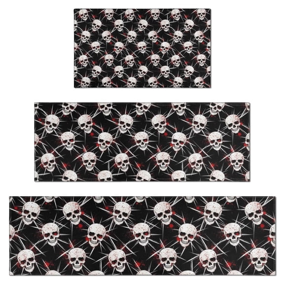 Black Red Skull Burst Pattern Kitchen Rugs Sets Of 3,Kitchen Runner Rugs Non Skid Washable,Decorative Kitchen Floor Mats for Kitchen,Sink,Laundry,17"x30" 17"x47" 17"x59"