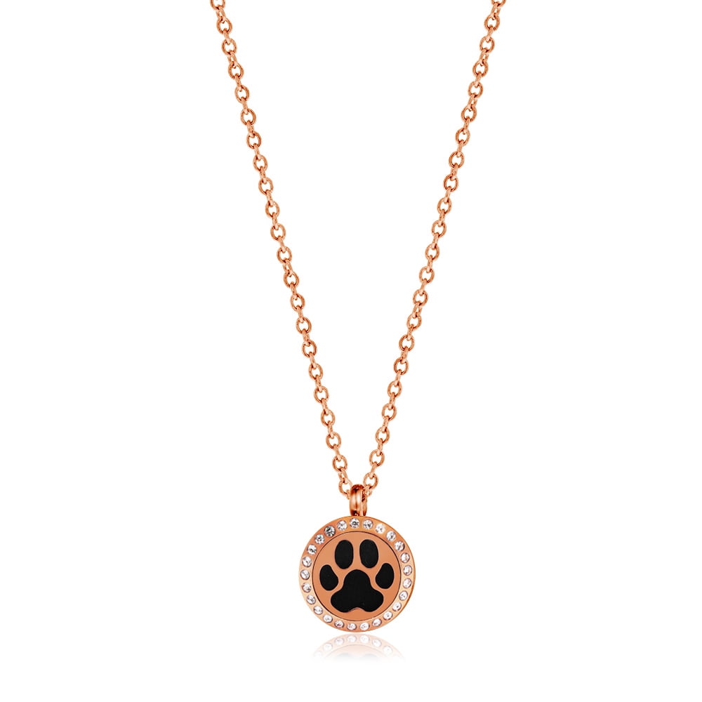 Dog Paw Essential Oil Diffuser Crystal Rhinestone Necklace & Organic Essential Oil Aromatherapy Christmas Jewelry Gift Set - Rose GOld Necklace & Peppermint Oil