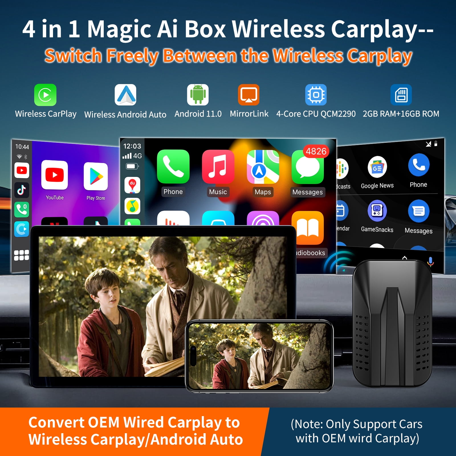 Wireless Magic Box 3.0 CarPlay AI Box Adapter for Car Stereo Factory,5G Wifi Apple CarPlay& Android Auto ,Bluetooth/Siri/GPS,Support Google/YouTube/Tiktok/TF Card, Plug and Play