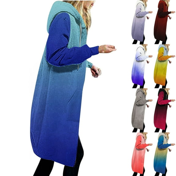 ATOYSOY Workout Gradient Tops Loose Hoodies Jackets for Women Trendy Open Front Shackets Winter Casual Sweatshirts Long Sleeve Midi Length Coat Blue L