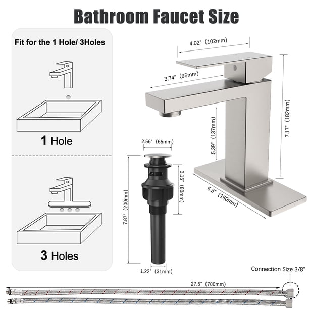 Homfan Brushed Nickel Bathroom Sink Faucet – Single Handle For 1 Or 3 Holes, With Pop-Up Drain Stopper, Supply Hoses & Deck Plate (No-Lead)