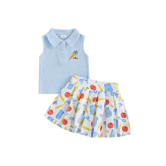 RUINIXCW Toddler Baby Girl 100 Days Back to School Outfit Kids Summer Kindergarten Outfits Girls First Day of School Outfit Pencil Embroidery Lapel Tank Tops and Pleated Skirt Set