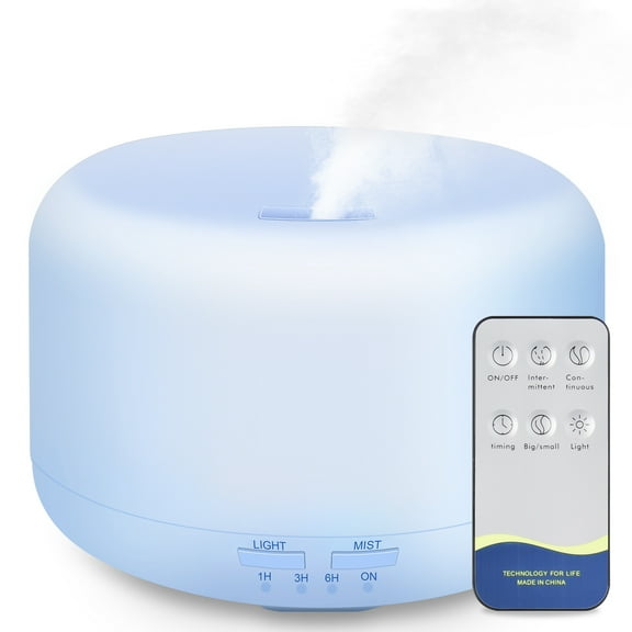 500ml Essential Oil Diffuser with Remote Control,5 in 1 Ultrasonic Aromatherapy Fragrant Oil Humidifier Vaporizer w/ 3 Timers 7 Colors Ambient Light Aroma Diffuser Air Humidifier for Room Home Office