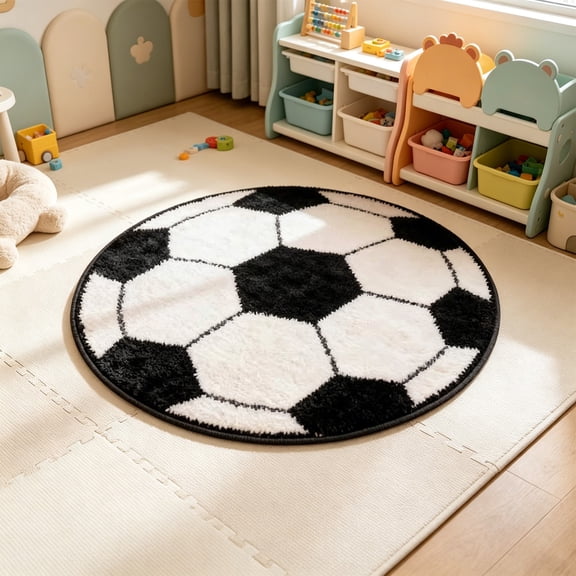 Taicans Soccer Ball Round Area Rug,31.5in Soft Shaggy Plush Rug,Non-Slip Circular Carpet for Boys Bedroom Nursery Playroom Living Room,Black White Football Sports Themed Decorative Floor Mat