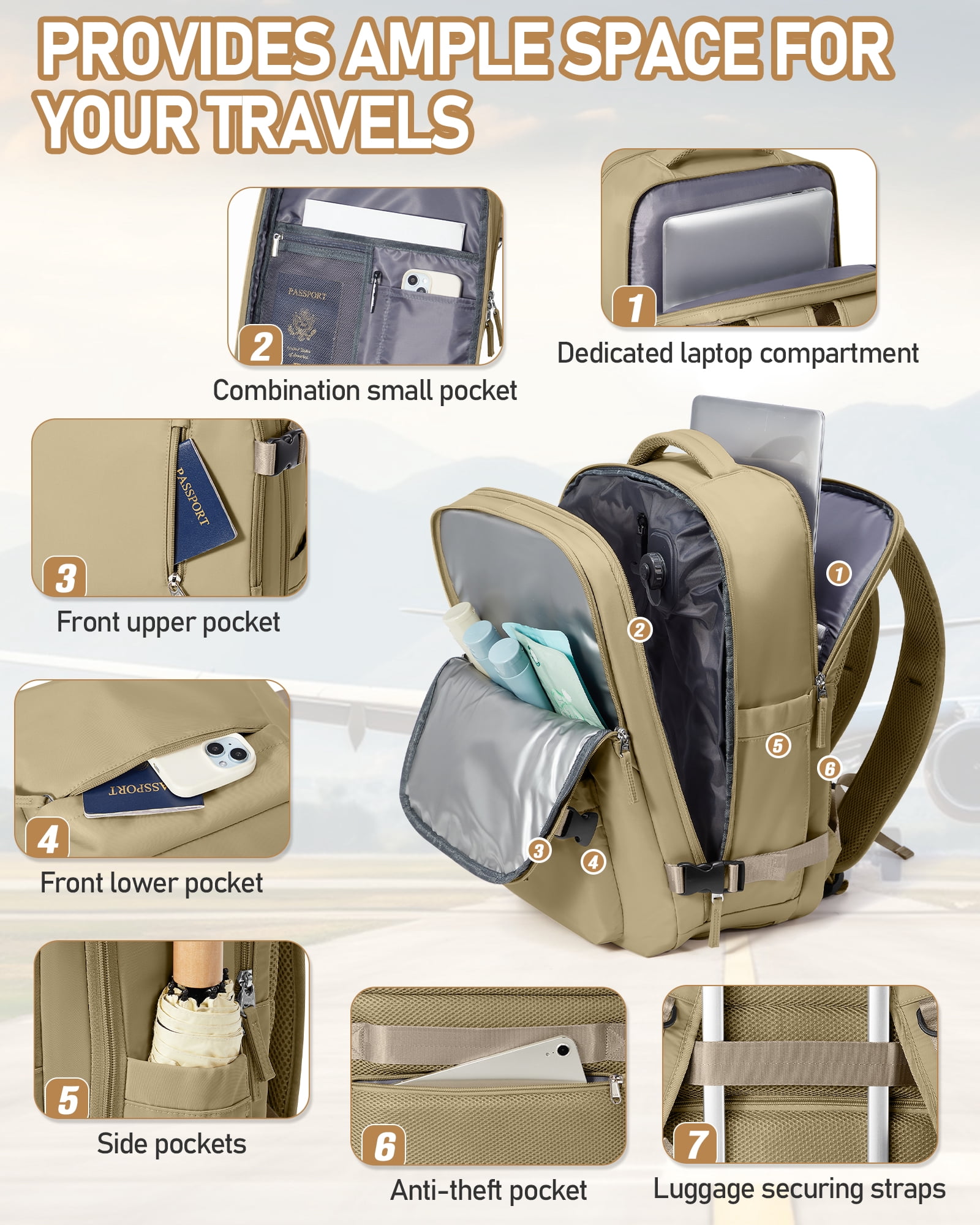SYCNB Large Air Seal Travel Backpack for Men & Women, Airline Approved Vacuum Compression, Water-Resistant with Pump & Usb Port, 16 inch Laptop, Khaki