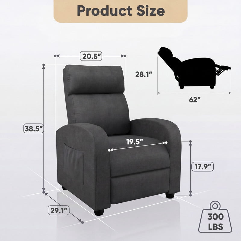Vineego Massage PU Leather Recliner Adjustable Home Theater Seating Chair with Lumbar Support for Living Room,GrY
