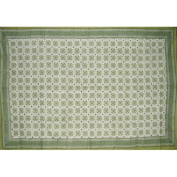 Tile Block Print Cotton Tablecloth 86" x 60" Green