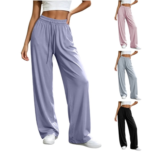 Women's Solid Color High Waist Drawstring Sunscreen Long Pants, Polyester Loose Pocket Casual Trousers, Light Breathable Bottoms for Outdoor Summer | TruHer,Black L