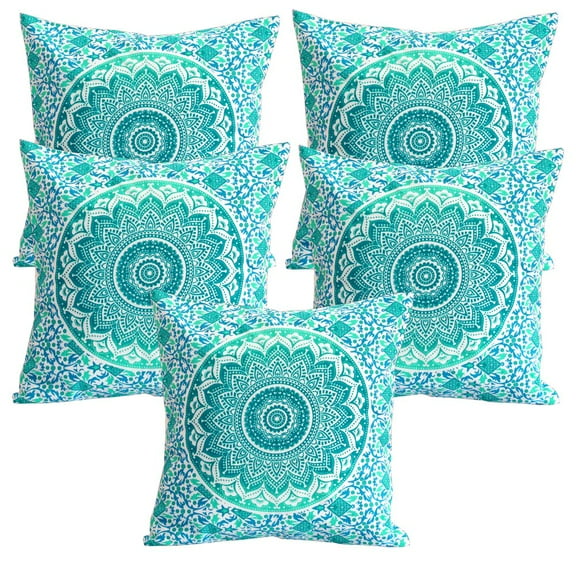 Stylo Culture Indian Settee Sofa Throw Pillow Covers 16x16 Printed Floral Green Traditional 40x40 cm Home Decor Cotton Mandala Ombre Square Cushion Covers | Set Of 5