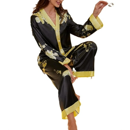 

2pcs Set Elegant Floral Print V neck PJ Pant Sets Long Sleeve Black Women s Pajama Sets (Women s)