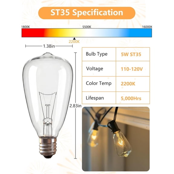 YNTVV-25 Pack Edison Light Bulbs, 5 Watts E12 Candelabra Base ST35 Edison Replacement Bulbs, Bistro Light Bulbs Incandescent for Outdoor Patio, Vintage Light Bulb Warm White