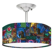 888 Cool Fans DR-0001182 Beauty & the Beast Stained Glass Print Brushed Nickel Drum LED Lamp Fixture