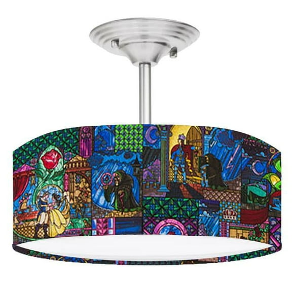 888 Cool Fans DR-0001182 Beauty & the Beast Stained Glass Print Brushed Nickel Drum LED Lamp Fixture