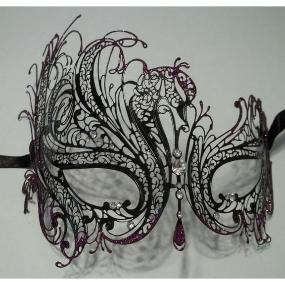 Black Purple Swan Rhinestone Laser Cut Venetian Mask Masquerade Metal Filigree