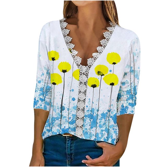 Tops de Mujer Elegantes Blusas Casuales Camisas de Encaje Estampado de Moda Tres Cuartos Seeves Cuello en V Odeerbi ODB168748