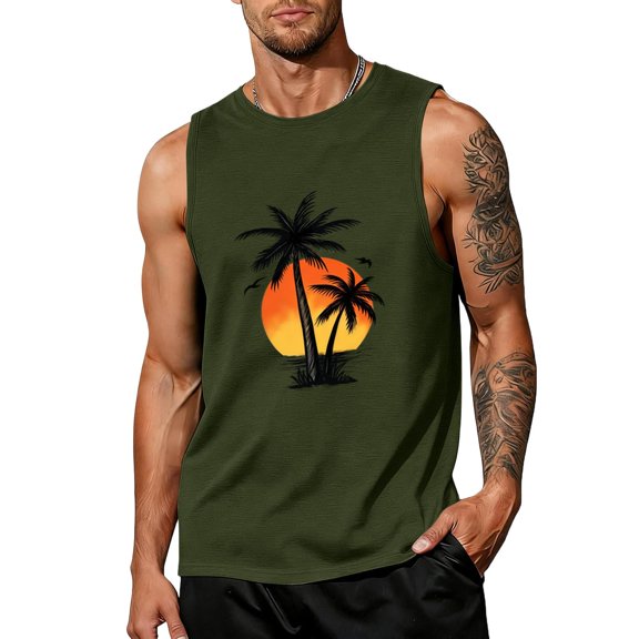 Yifymode Hawaiian Mens Sleeveless Tank Tops Graphic Palm Tree Casual Shirt Summer Beach Gym Muscle Workout Tops,Army Green 3XL